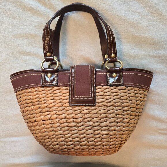 Coach Legacy 10728 Basket Tote Woven Straw Espresso Brown Leather Turn Lock GUC - Picture 2 of 16
